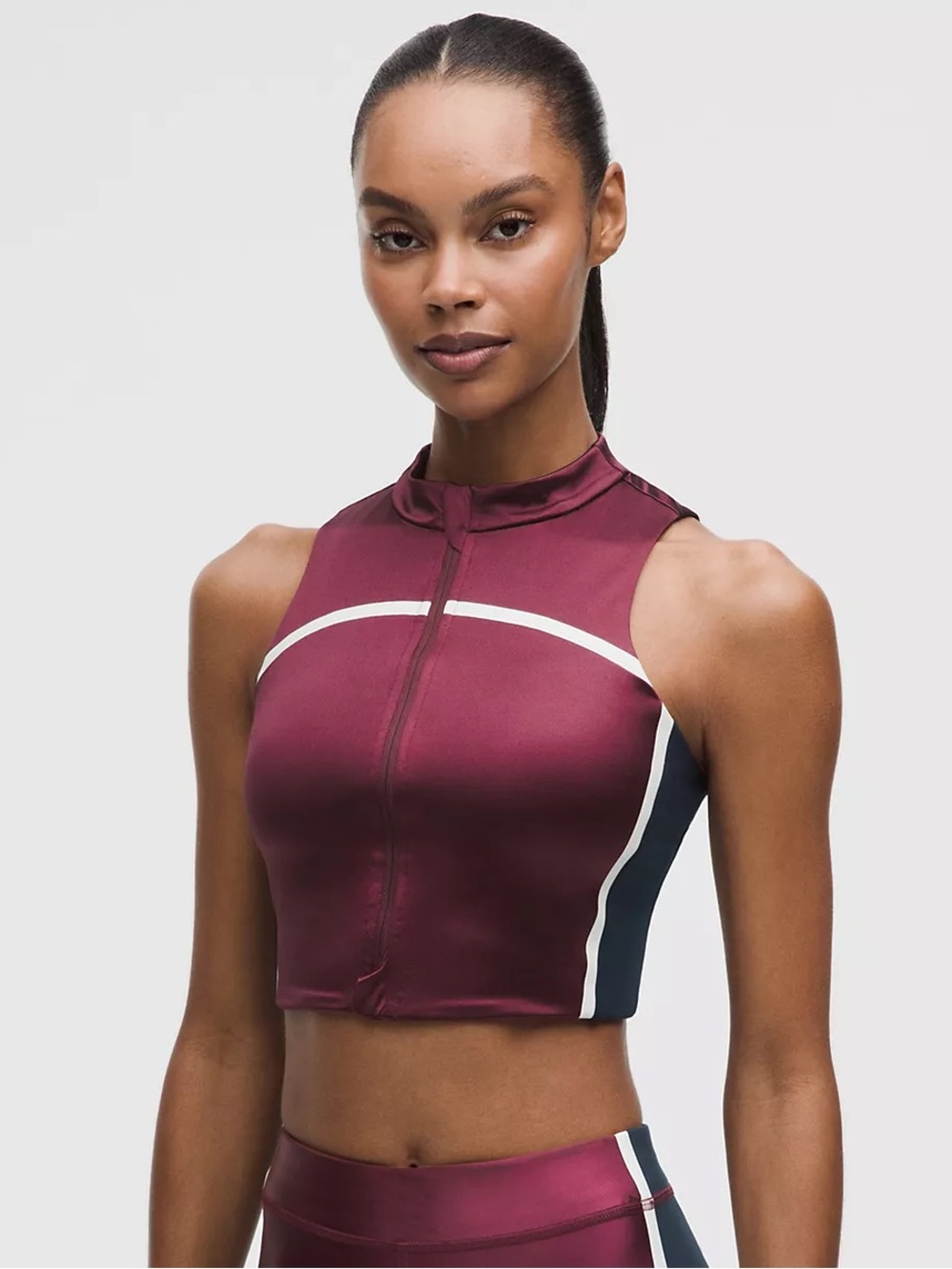 lululemon athletica Burgundy and Navy Crop Zip Tank with White Piping
